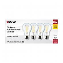 Satco Products Inc. S12462 - 8 Watt A19 LED Filament; Clear; 2700K; Medium Base; 120 Volt; 4-Pack