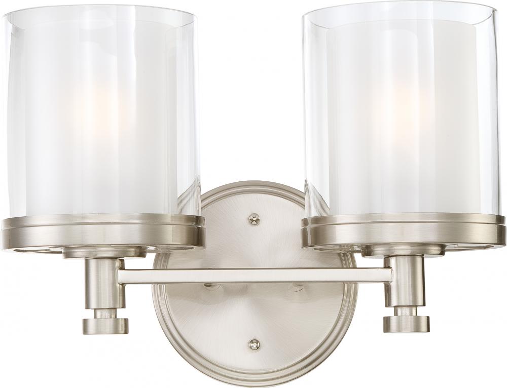 Decker; 2 Light; Vanity Fixture with Clear and Frosted Glass; Brushed Nickel Finish