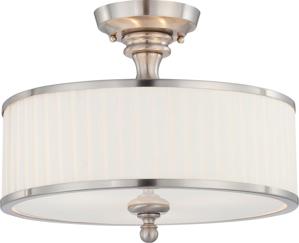 Candice; 3 Light; Semi-Flush Fixture with Pleated White Shade; Brushed Nickel Finish