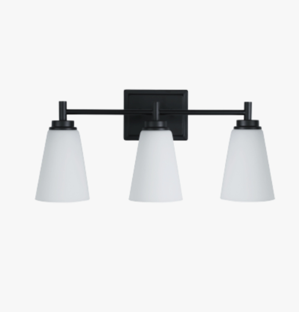 Gable 3 light vanity, black, cone frosted